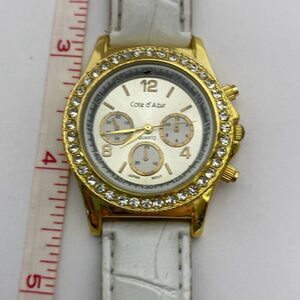 Cote d’ Azur Women's White & Gold Faux Leather Band Rhinestone Quartz Wristwatch
